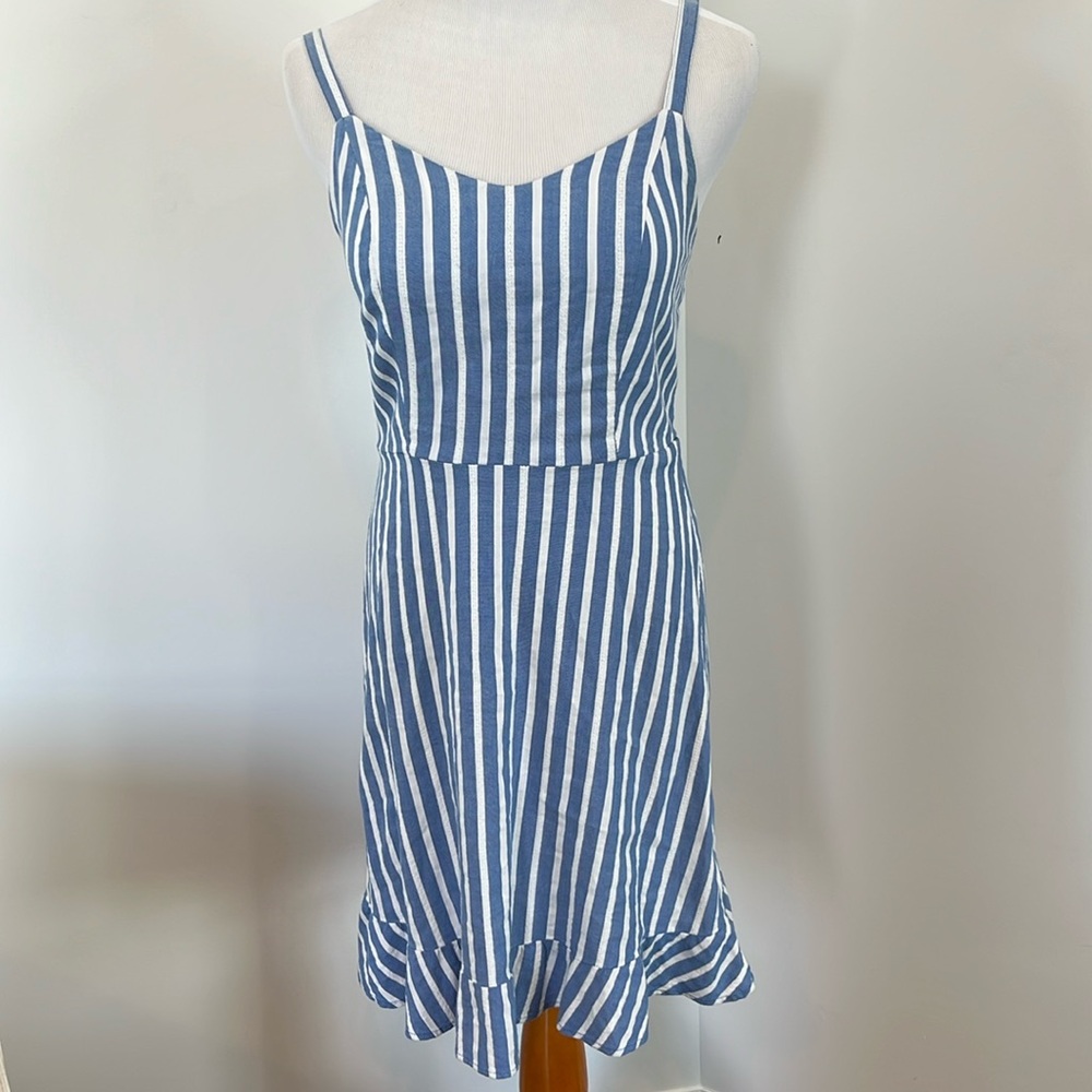 Old navy Blue and white stripe strappy dress size XS with ruffle at hem